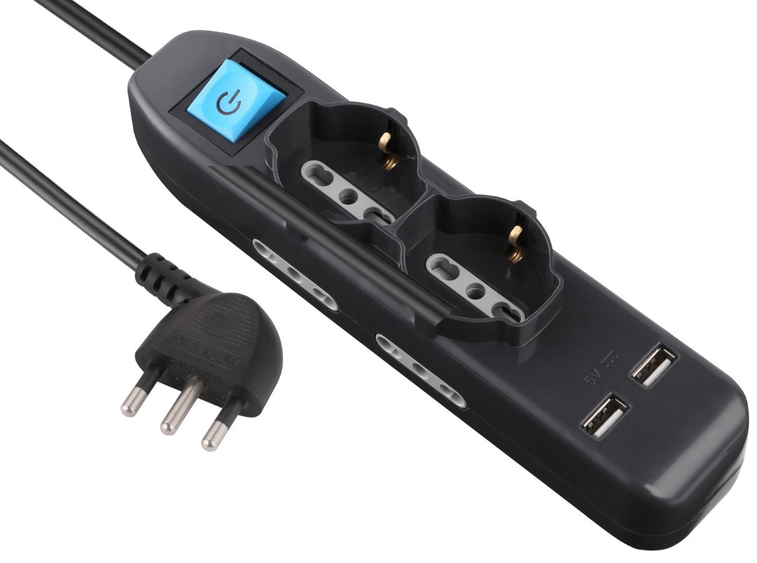 Multipresa 16A+Int 2 Pt Univ+2Usb Nera Mt 1,5 – Electraline