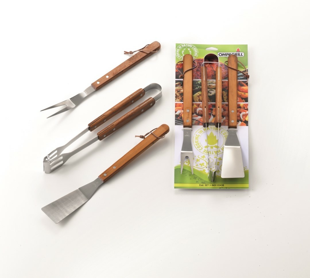 Set 3 Utensili Pinze Barbecue Acciaio Inox Manico In Legno Ompagril – Ompagrill